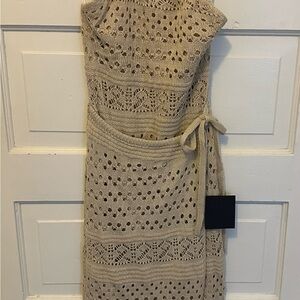 Lulus Blissful Strolls Beige Crochet Faux-Wrap Halter Midi Dress